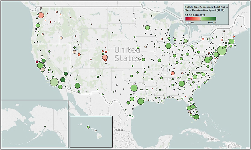 Total Construction Spending Put in Place 2018 and Forecast Growth (2018-2023 CAGR) by Metropolitan Statistical Area